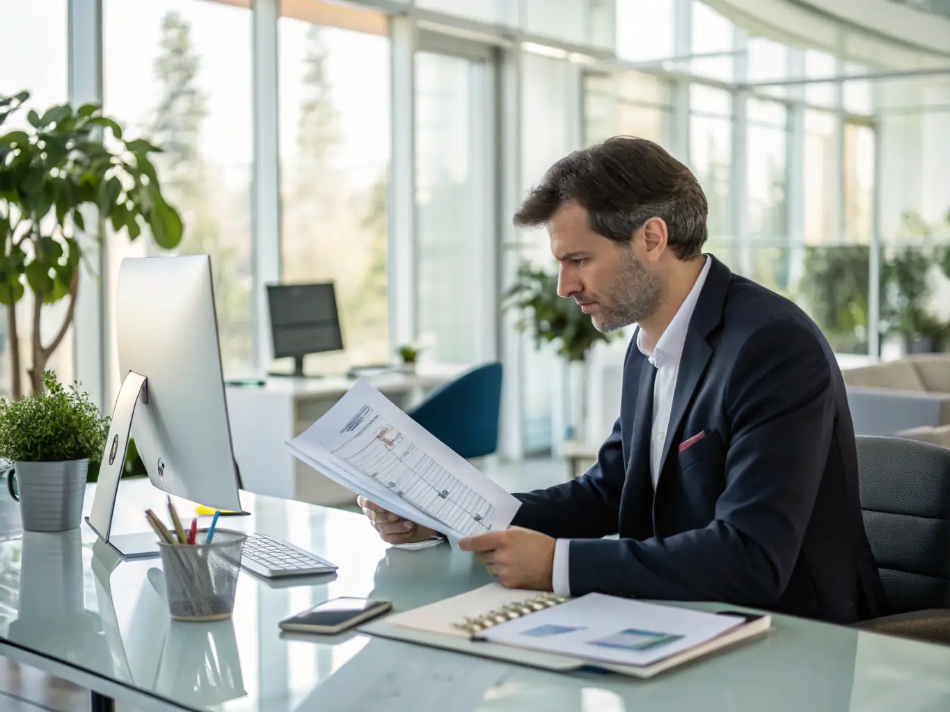 A person confidently reviewing financial documents in a modern office setting, representing professional financial guidance and strategic planning.