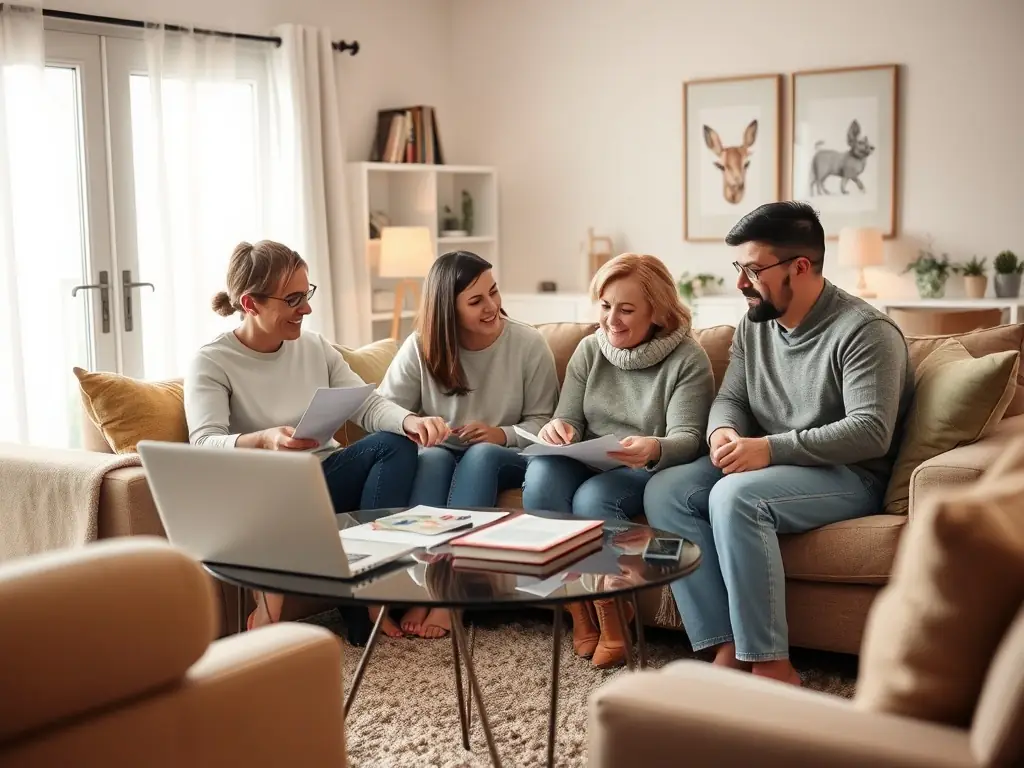 A young family gathered around a table, laughing and looking at a tablet displaying financial charts, symbolizing the importance of life insurance for family protection.