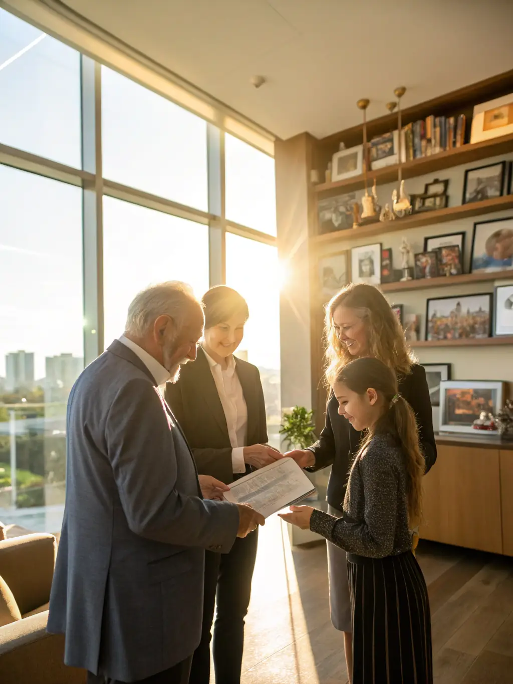 A photograph of a multi-generational family working together in a modern office setting, symbolizing the collaboration and continuity in a family business. The image should convey trust, unity, and a shared vision for the future.