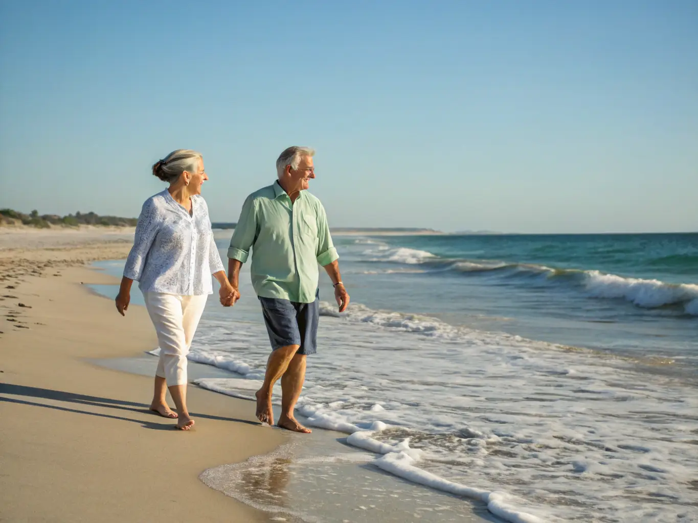 A senior couple smiling and holding hands while walking on a sunny beach, symbolizing a secure and happy retirement, used to illustrate retirement planning services.